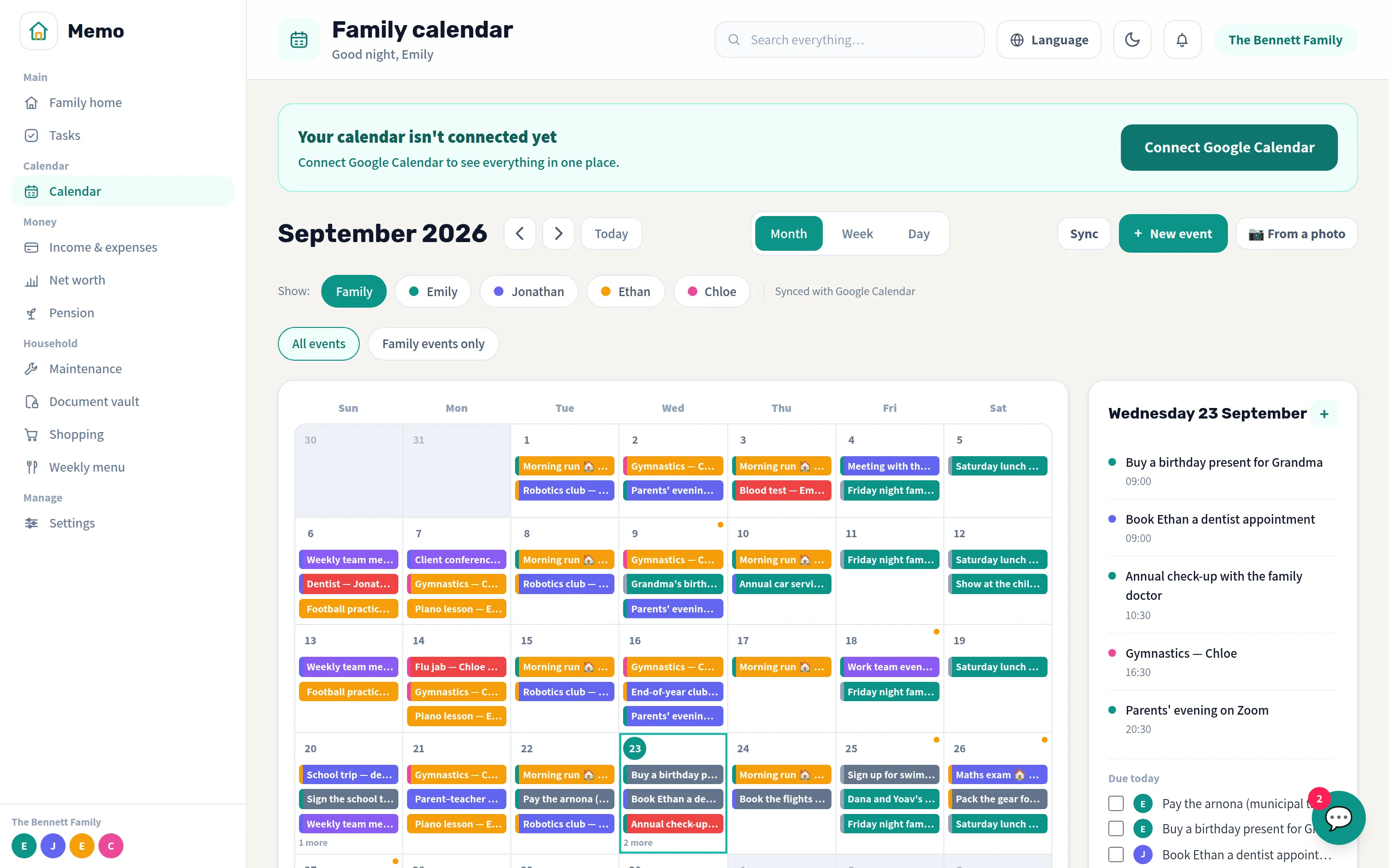 A monthly family calendar with color-coded events