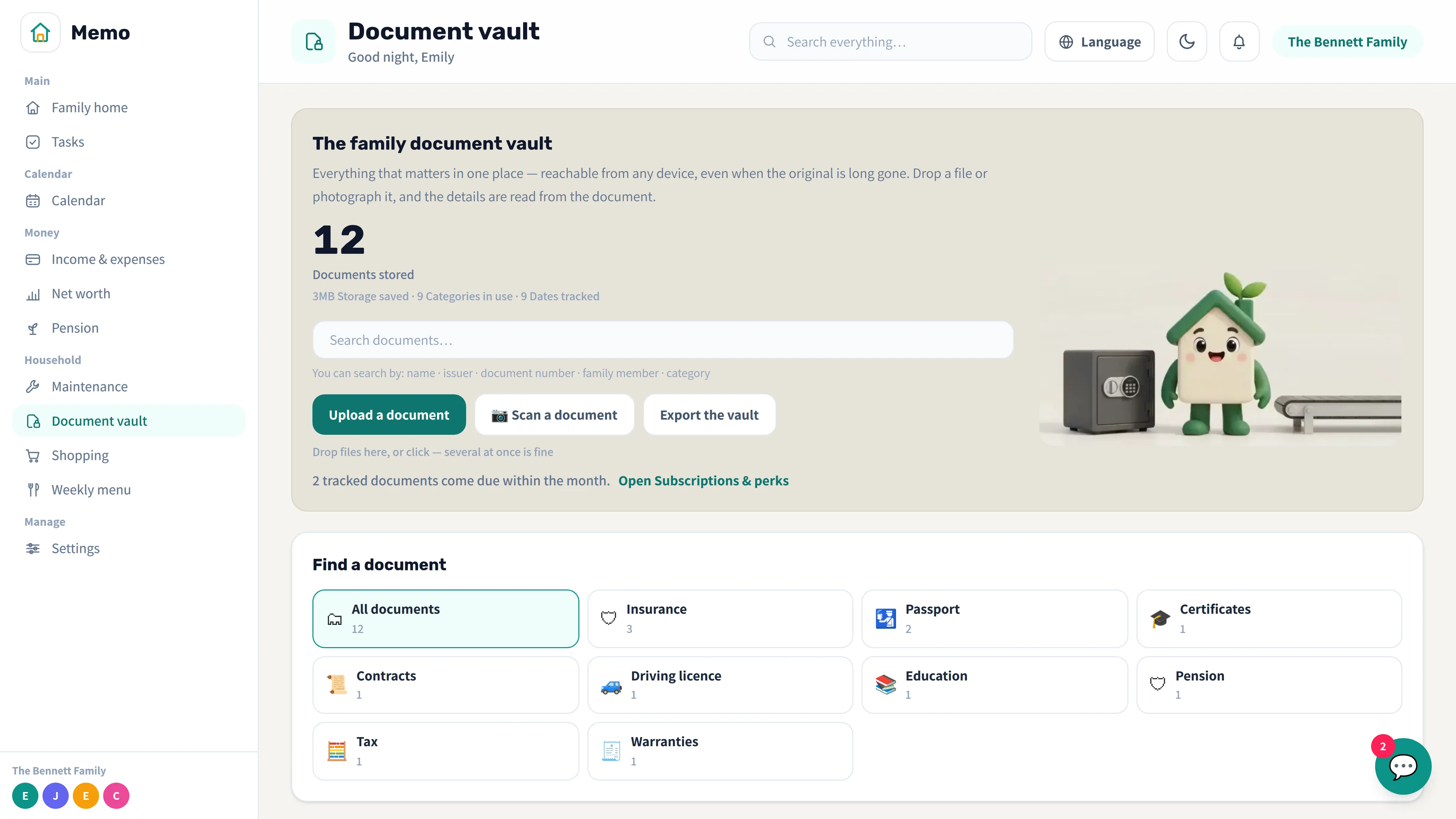 Memo's document vault with renewals and expiry dates