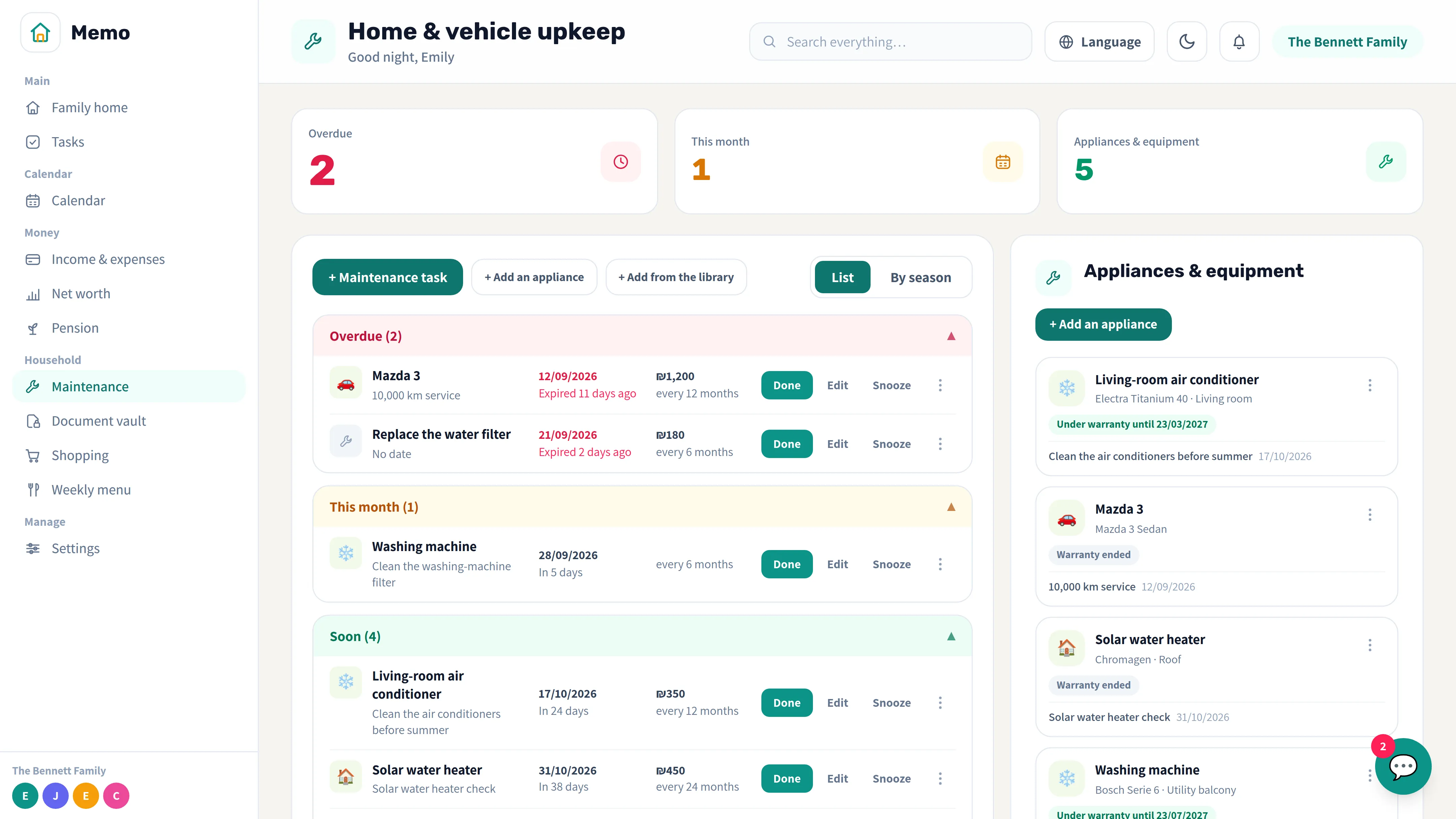 Memo's home-maintenance screen with appliances and jobs