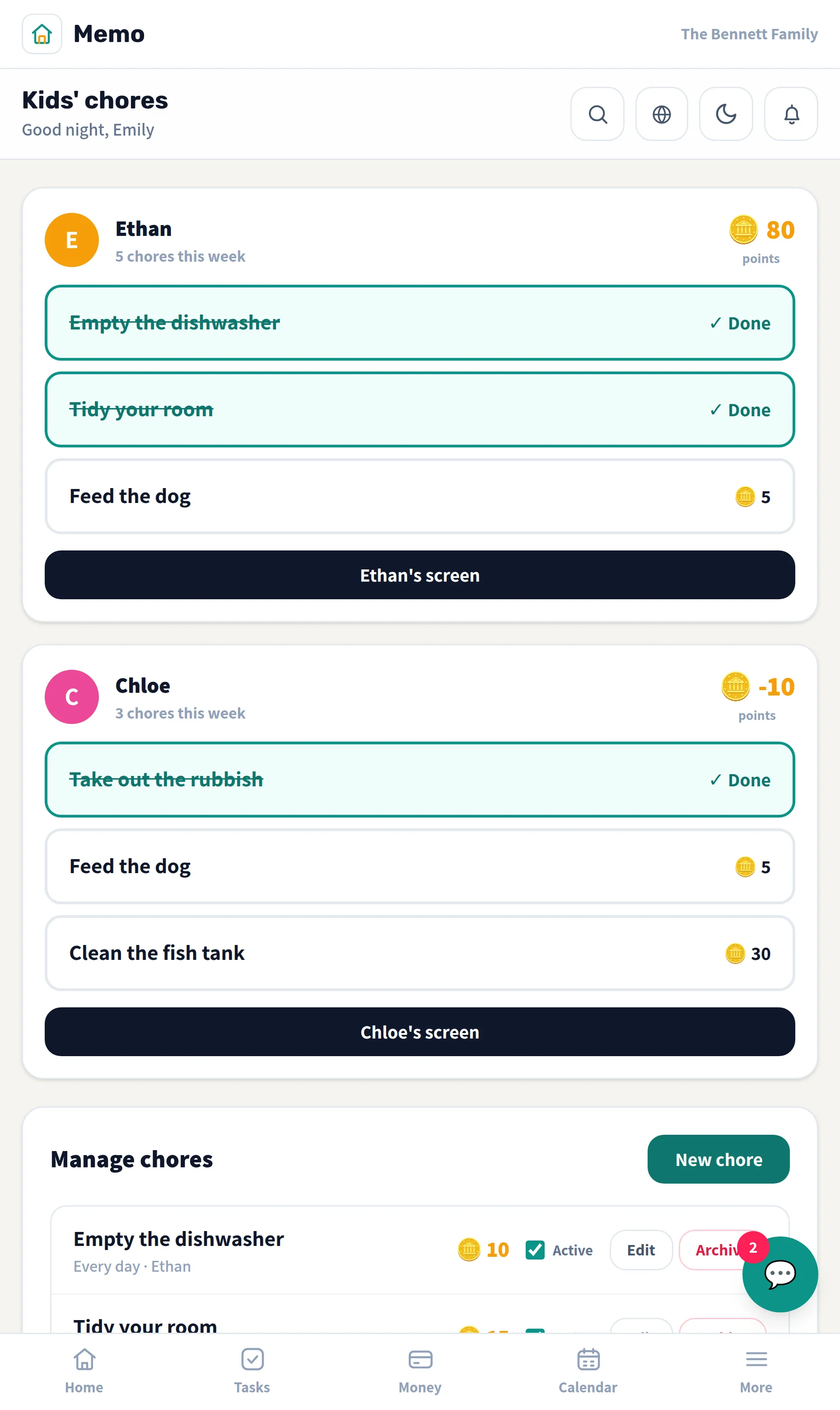 Memo's parent screen with chores waiting for approval