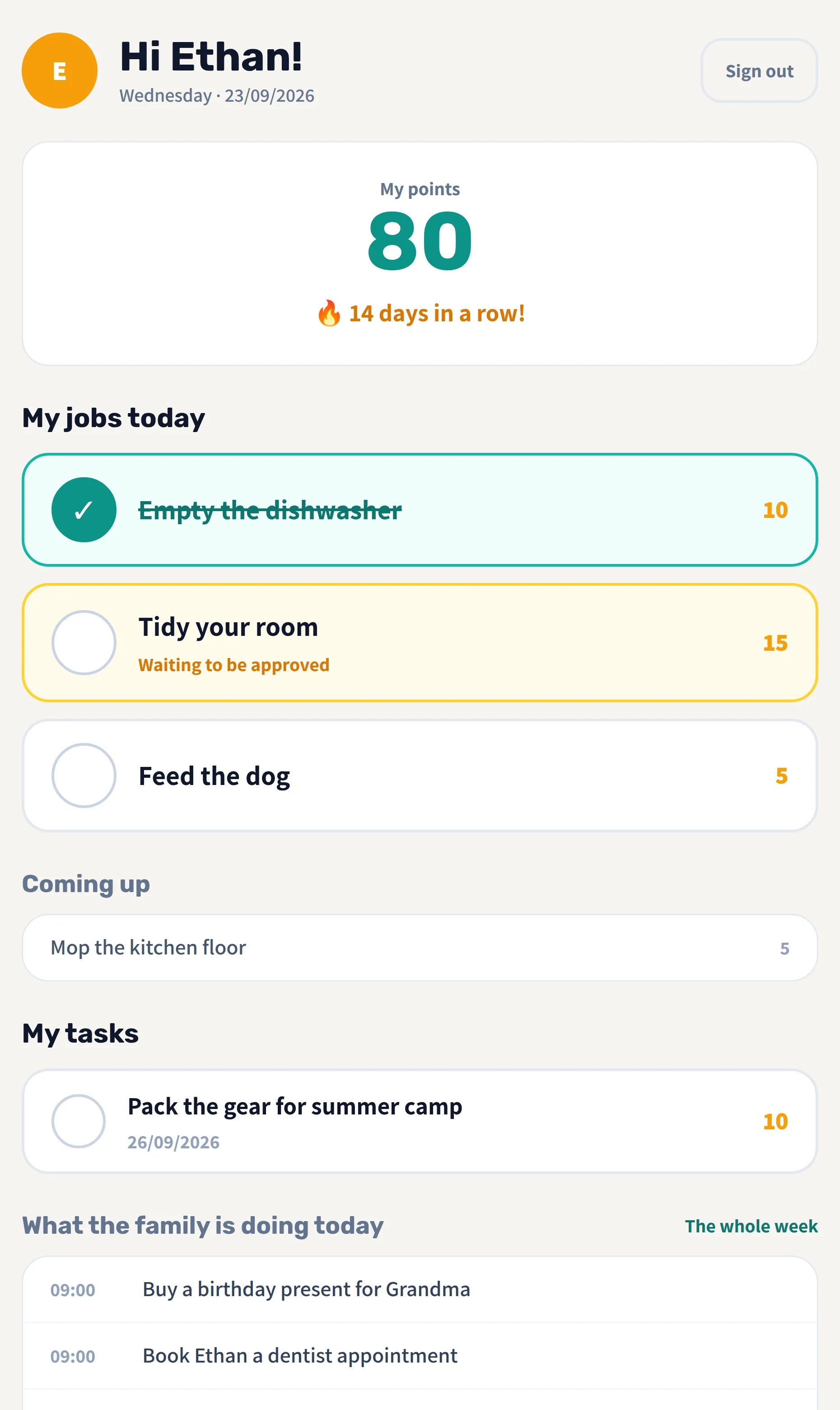 Memo's kids' screen with chores, points and a streak