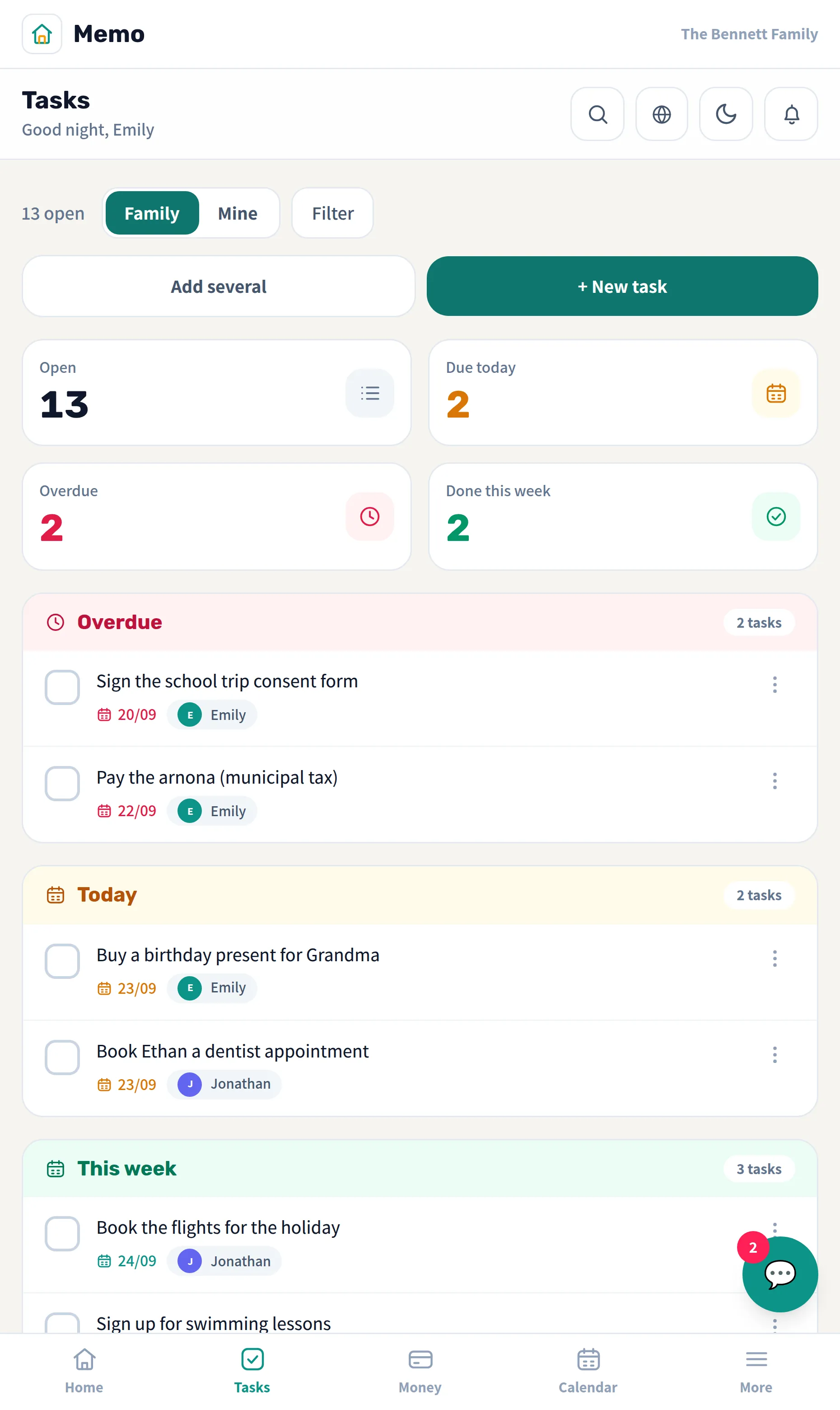 Memo's task board with an owner on every task